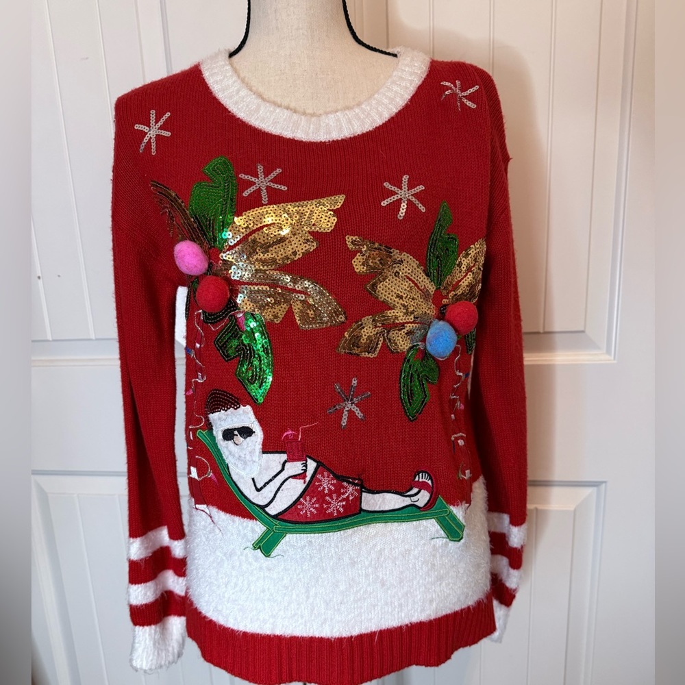 Poof! Red and White Holiday Sweater with Santa Design